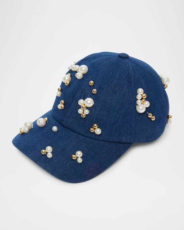 Scattered Faux-Pearl Denim Baseball Cap
